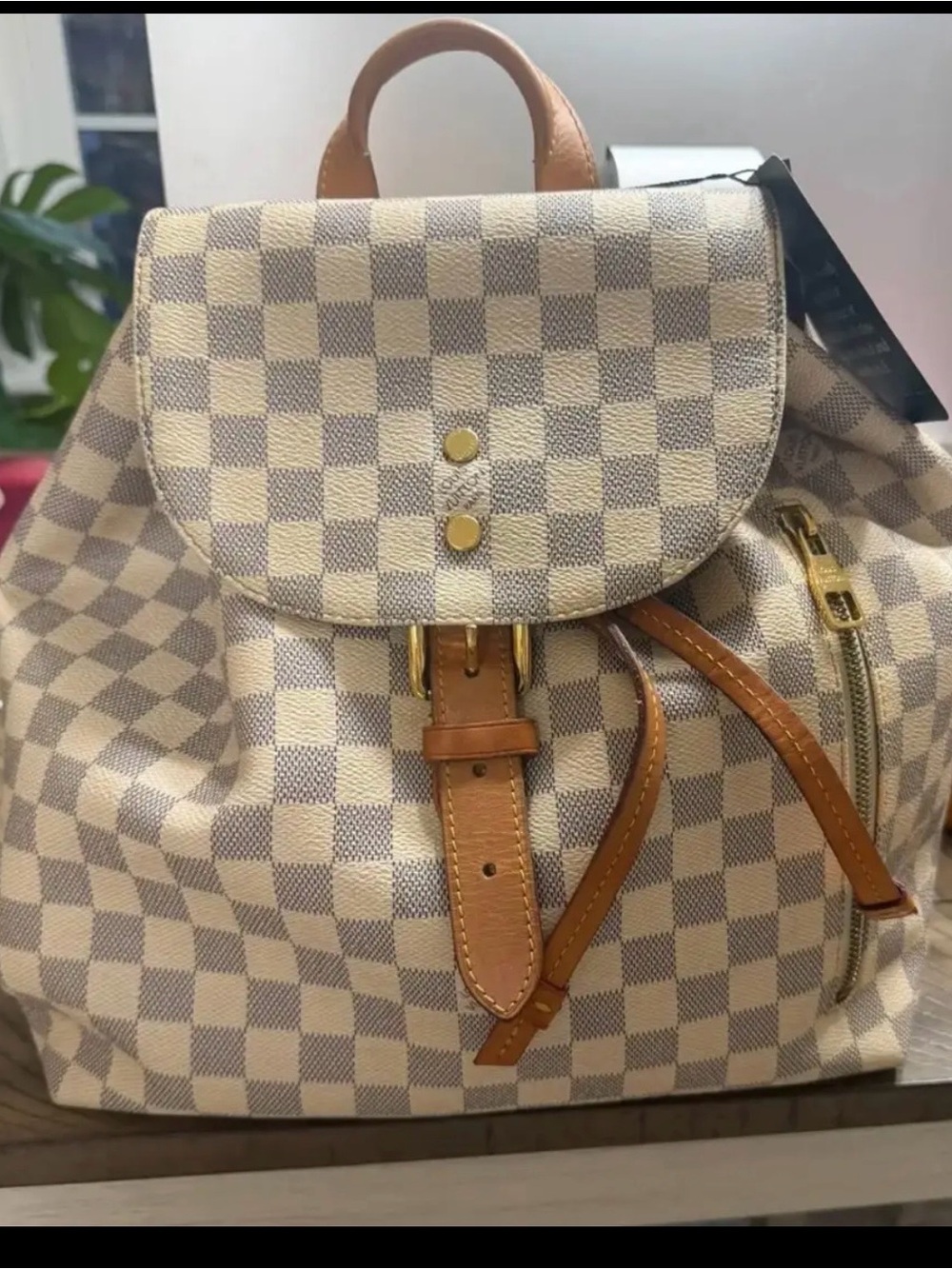 Louis Vuitton - Women’s Checkered Canvas Backpack with Tan Leather Trim